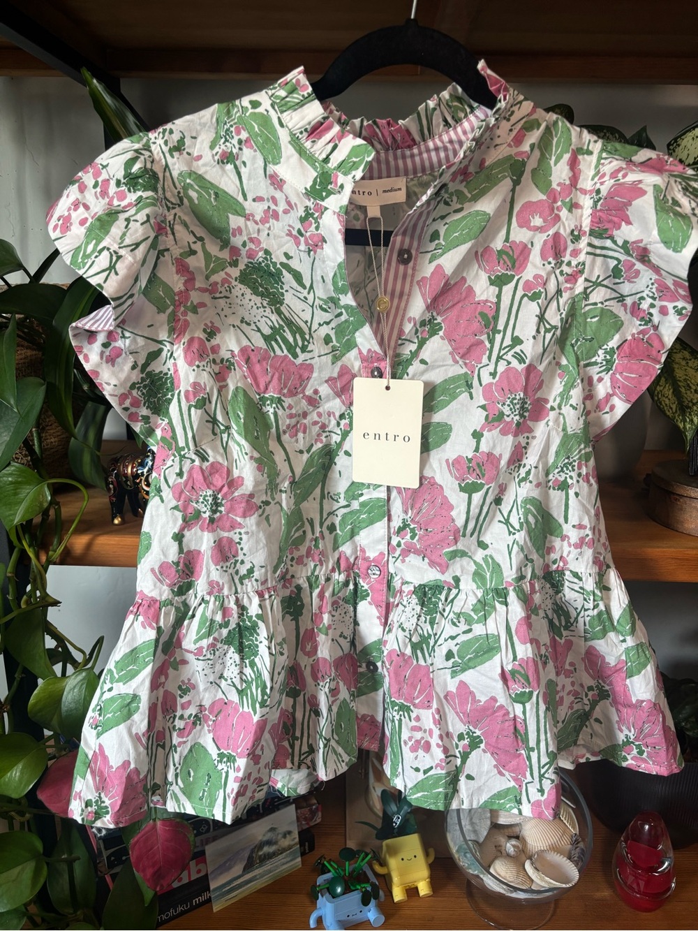 Entro White Floral Print Ruffle Trim Cotton Top | Medium - Picture 2 of 8